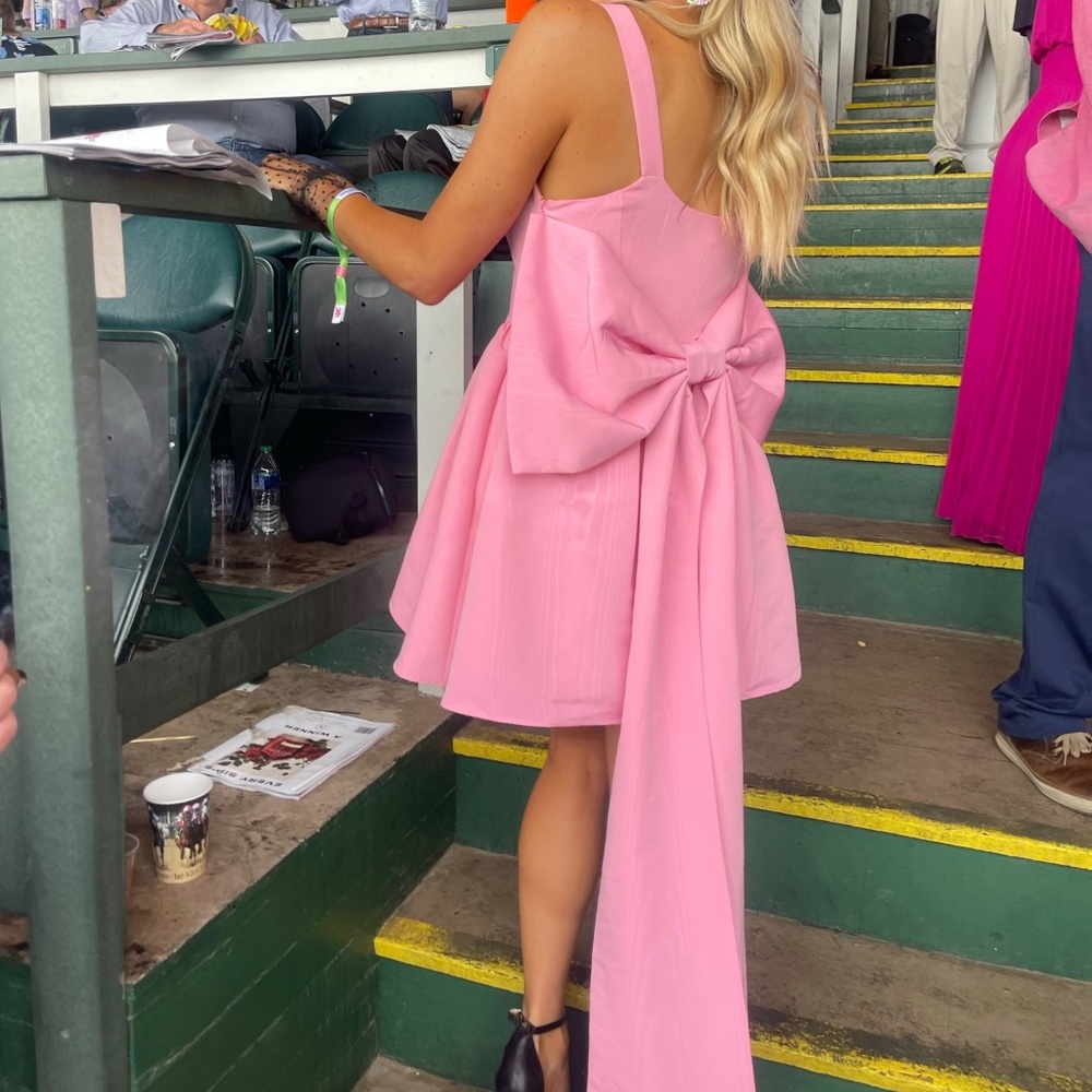 LoveShackFancy Spin Mini Dress Women's 2 Pink Scoop Neck Back Bow Side Zip